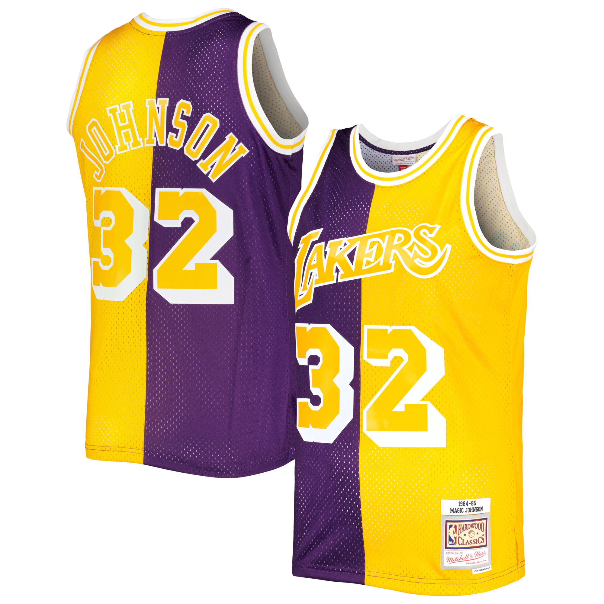 Magic Johnson Los Angeles Lakers Mitchell & Ness Hardwood Classics 1984/85 Split Swingman Jersey - Purple/gold