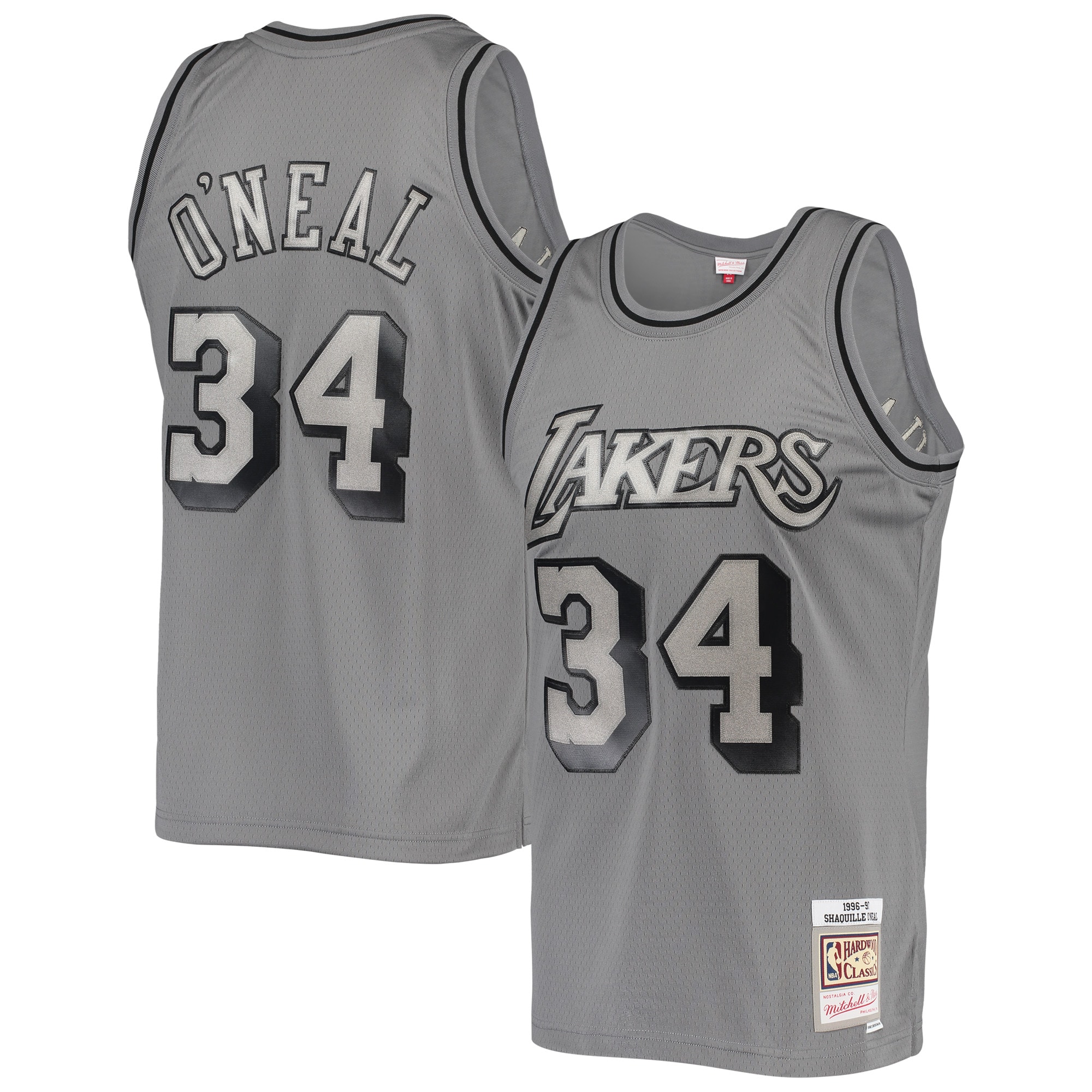 Men's Mitchell & Ness Shaquille O'neal Charcoal Los Angeles Lakers Hardwood Classics Retired Player 1996/97 Metal Works Swingman Jersey